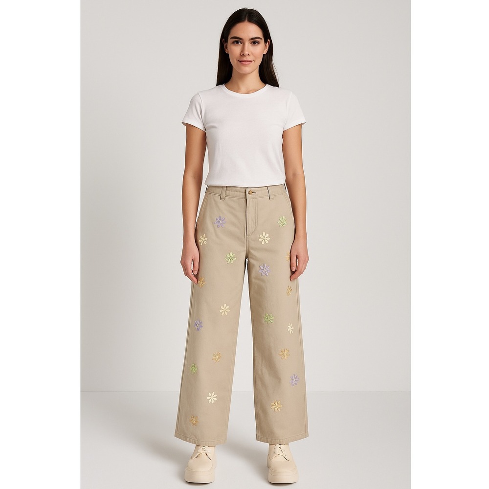 Tommy Hilfiger Womens Chino Pants 8 Beige Embroidered‎ Daisy Floral Wide Leg Y2K